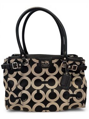 Coach Black and Beige Signature Circle Tote